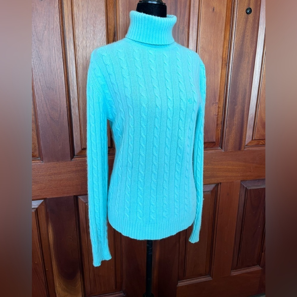Lauren Ralph Lauren 100% Cashmere Mint Green Turtleneck Cable Sweater Women’s M